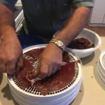 Homemade beef jerky being laid out in a dehydrator